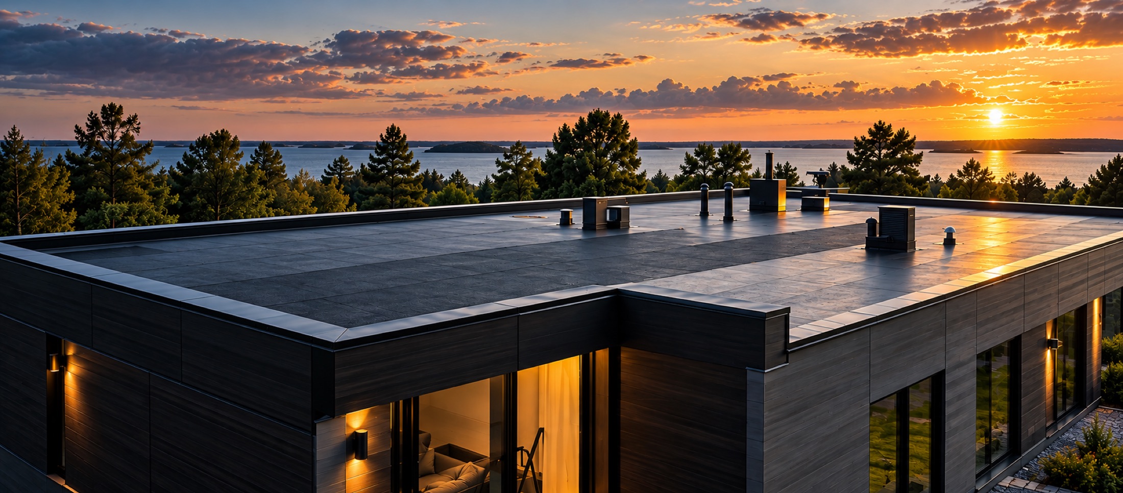 Flat-roofed building in sunset light