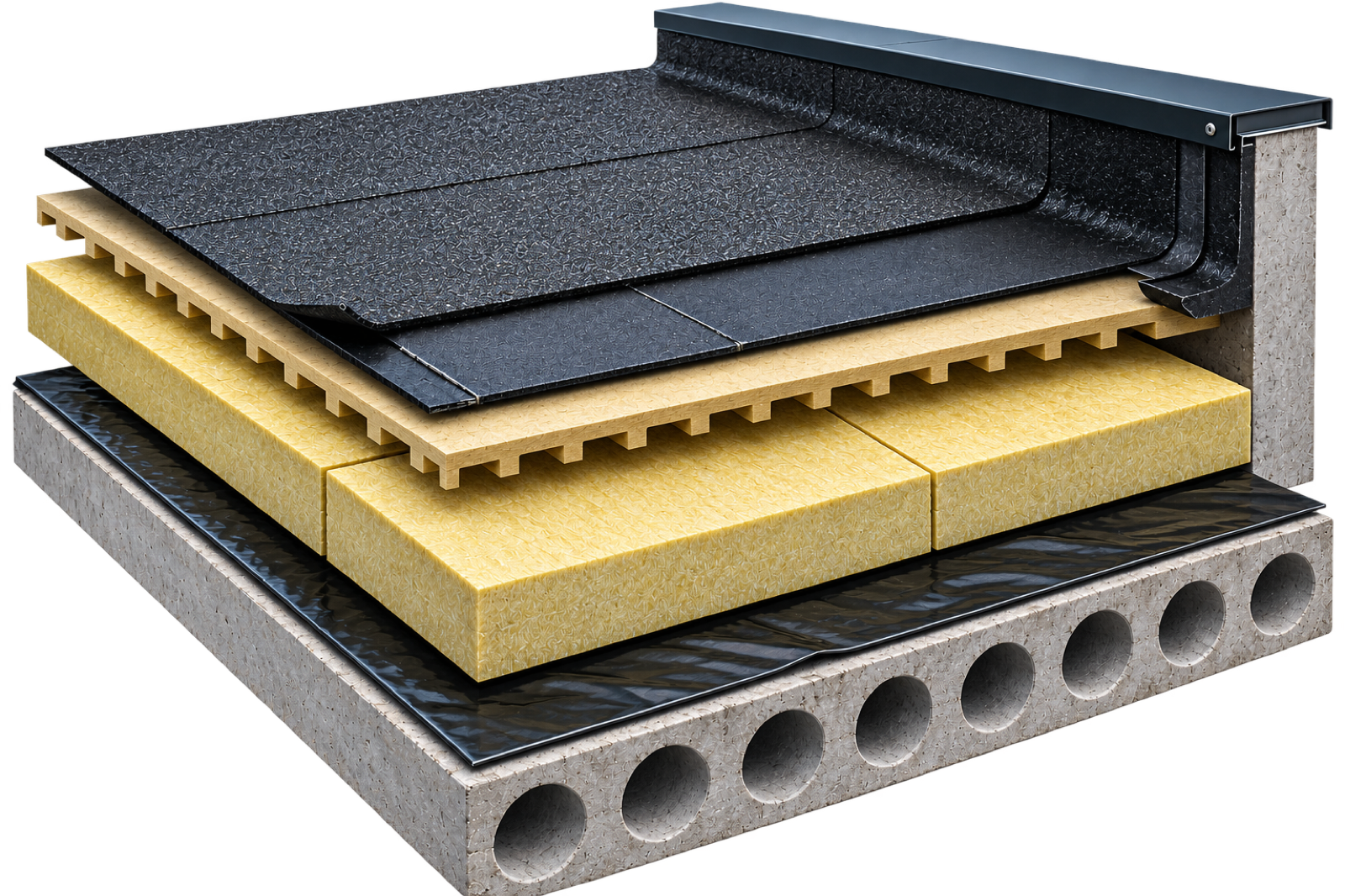 Cross-section illustration of flat roof layers